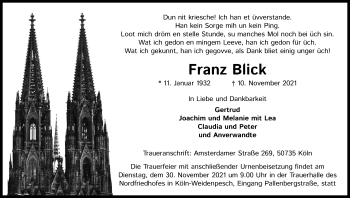Anzeige von Franz Blick von Kölner Stadt-Anzeiger / Kölnische Rundschau / Express