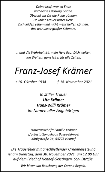 Anzeige von Franz-Josef Krämer von  Extra Blatt 