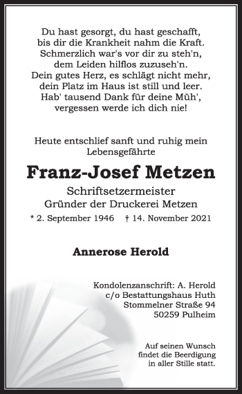 Anzeige von Franz-Josef Metzen von  Wochenende 