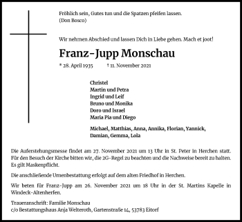 Anzeige von Franz-Jupp Monschau von Kölner Stadt-Anzeiger / Kölnische Rundschau / Express
