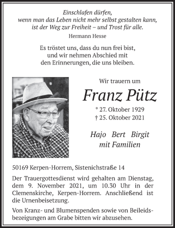 Anzeige von Franz Pütz von  Werbepost 