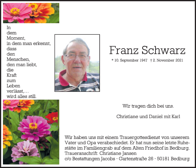  Traueranzeige für Franz Schwarz vom 12.11.2021 aus  Werbepost 