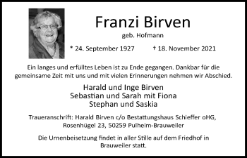 Anzeige von Franzi Birven von Kölner Stadt-Anzeiger / Kölnische Rundschau / Express
