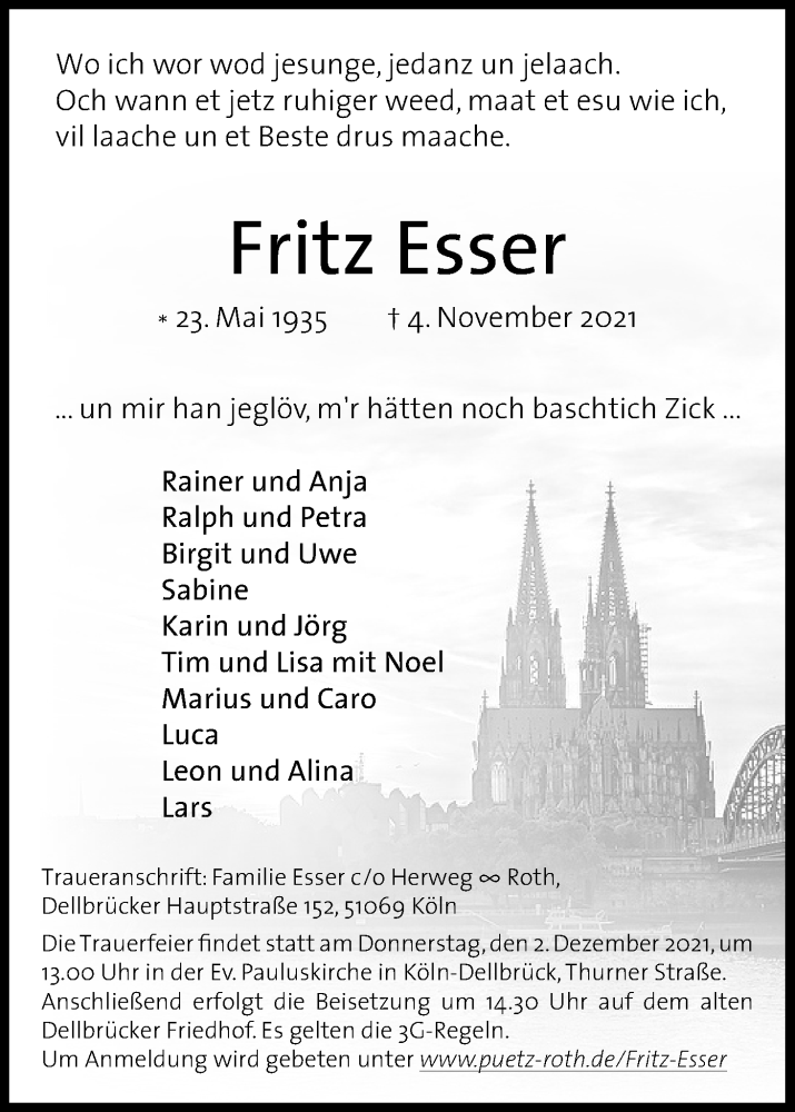 Traueranzeige für Fritz Esser vom 20.11.2021 aus Kölner Stadt-Anzeiger / Kölnische Rundschau / Express