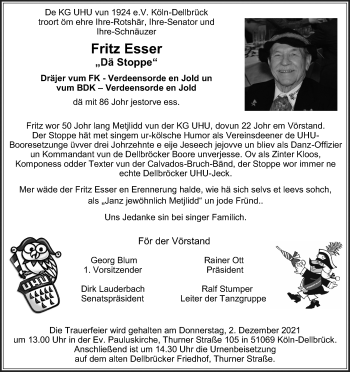 Anzeige von Fritz Esser von Kölner Stadt-Anzeiger / Kölnische Rundschau / Express