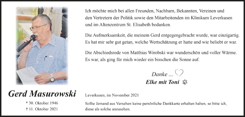  Traueranzeige für Gerd Masurowski vom 26.11.2021 aus  Lokale Informationen 