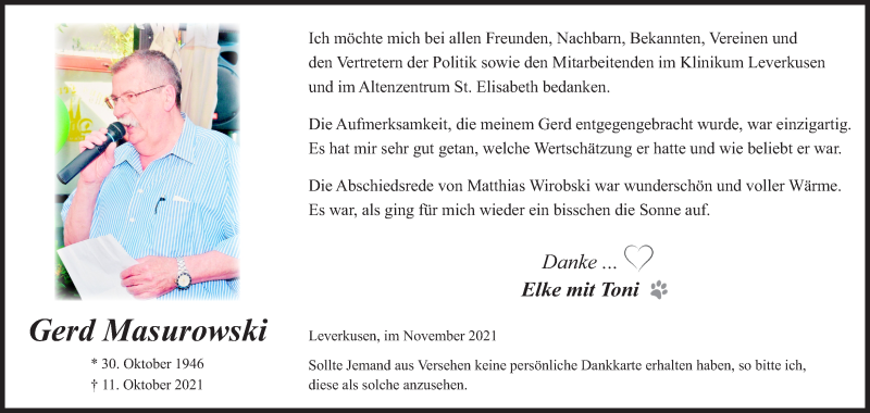  Traueranzeige für Gerd Masurowski vom 27.11.2021 aus Kölner Stadt-Anzeiger / Kölnische Rundschau / Express