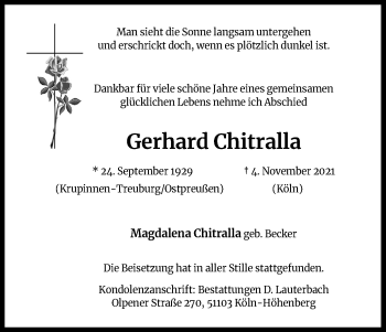 Anzeige von Gerhard Chitralla von Kölner Stadt-Anzeiger / Kölnische Rundschau / Express