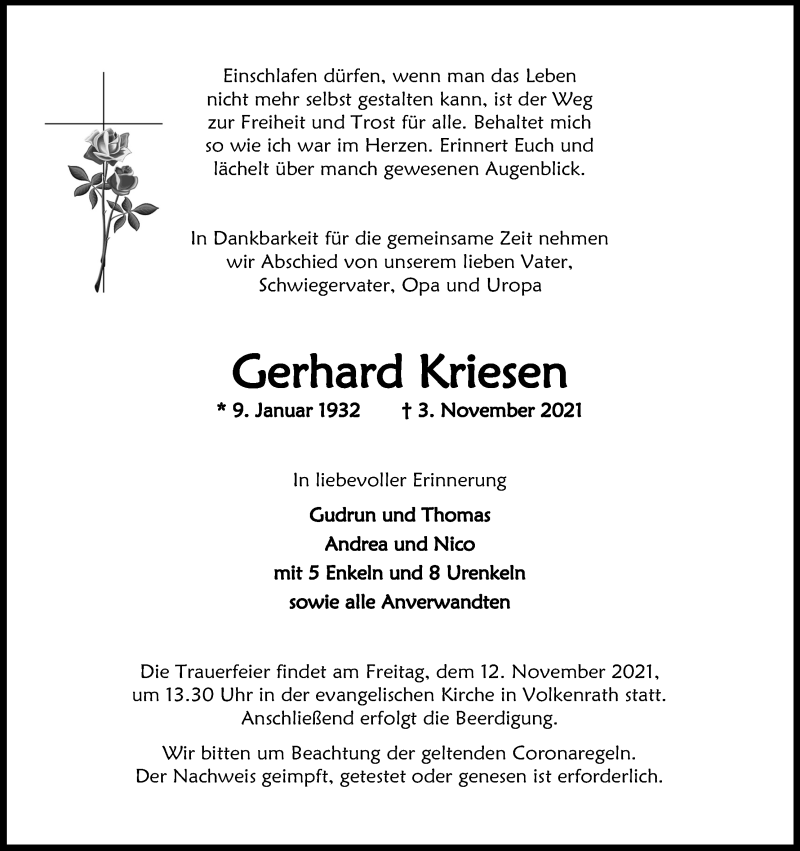  Traueranzeige für Gerhard Kriesen vom 06.11.2021 aus Kölner Stadt-Anzeiger / Kölnische Rundschau / Express