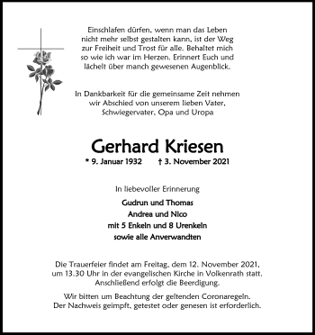 Anzeige von Gerhard Kriesen von Kölner Stadt-Anzeiger / Kölnische Rundschau / Express
