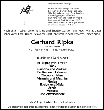 Anzeige von Gerhard Ripka von Kölner Stadt-Anzeiger / Kölnische Rundschau / Express