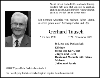 Anzeige von Gerhard Tausch von Kölner Stadt-Anzeiger / Kölnische Rundschau / Express