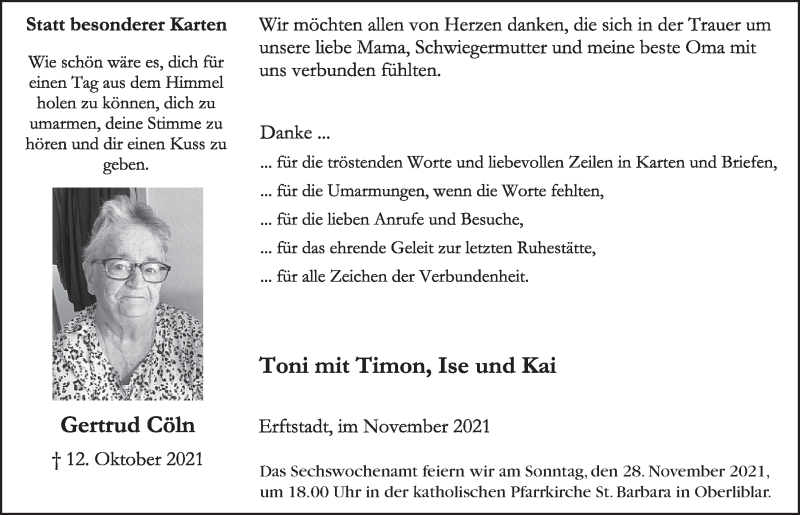  Traueranzeige für Gertrud Cöln vom 19.11.2021 aus  Werbepost 