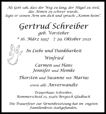 Anzeige von Gertrud Schreiber von Kölner Stadt-Anzeiger / Kölnische Rundschau / Express