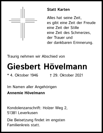 Anzeige von Giesbert Hövelmann von Kölner Stadt-Anzeiger / Kölnische Rundschau / Express