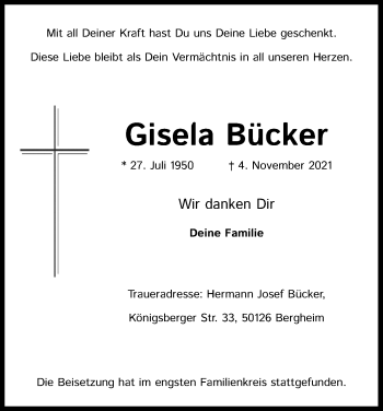 Anzeige von Gisela Bücker von Kölner Stadt-Anzeiger / Kölnische Rundschau / Express