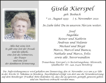 Anzeige von Gisela Kierspel von  Bergisches Handelsblatt 