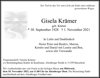 Anzeige von Gisela Krämer von Kölner Stadt-Anzeiger / Kölnische Rundschau / Express