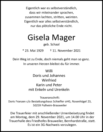 Anzeige von Gisela Mager von Kölner Stadt-Anzeiger / Kölnische Rundschau / Express