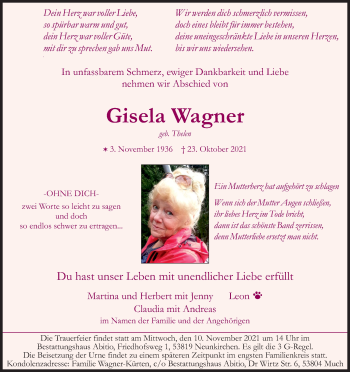 Anzeige von Gisela Wagner von Kölner Stadt-Anzeiger / Kölnische Rundschau / Express
