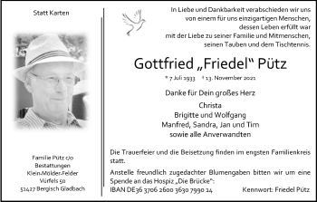 Anzeige von Gottfried Pütz von Kölner Stadt-Anzeiger / Kölnische Rundschau / Express