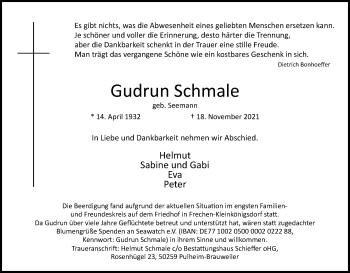 Anzeige von Gudrun Schmale von Kölner Stadt-Anzeiger / Kölnische Rundschau / Express