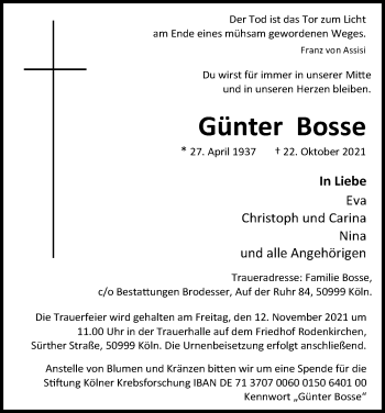 Anzeige von Günter Bosse von Kölner Stadt-Anzeiger / Kölnische Rundschau / Express