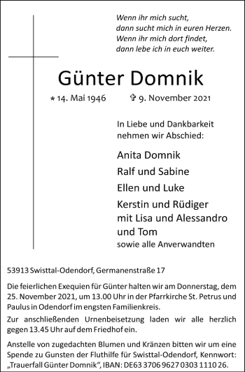 Anzeige von Günter Domnik von  Schaufenster/Blickpunkt 