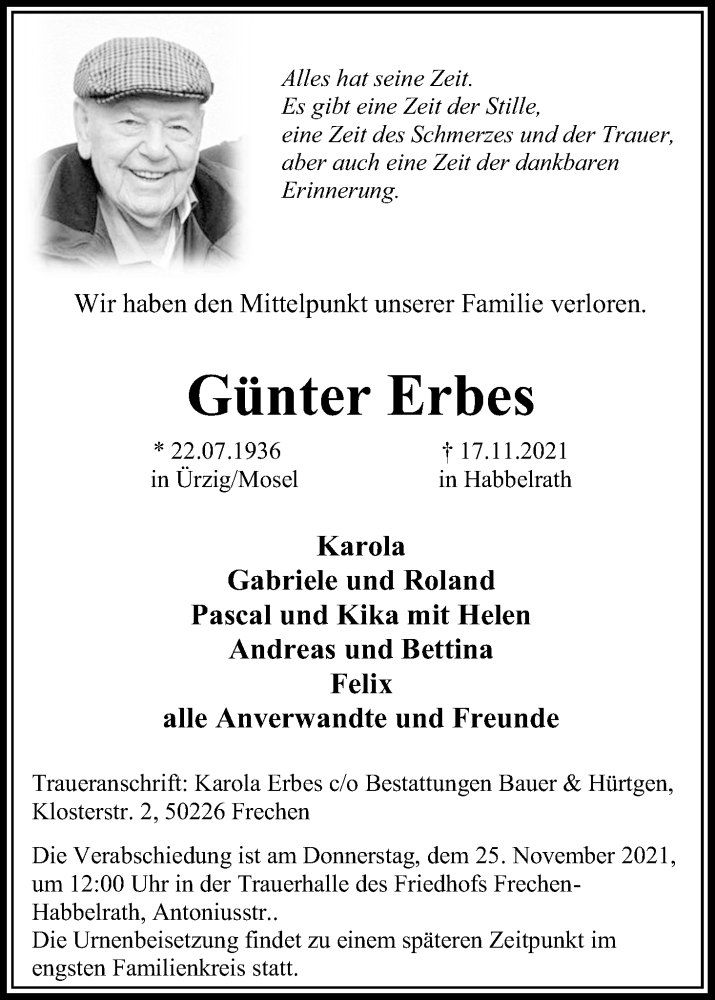  Traueranzeige für Günter Erbes vom 20.11.2021 aus Kölner Stadt-Anzeiger / Kölnische Rundschau / Express