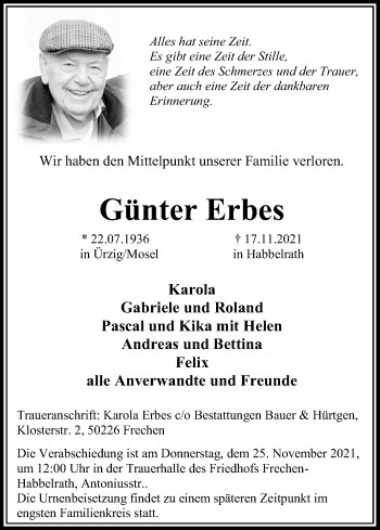 Anzeige von Günter Erbes von Kölner Stadt-Anzeiger / Kölnische Rundschau / Express