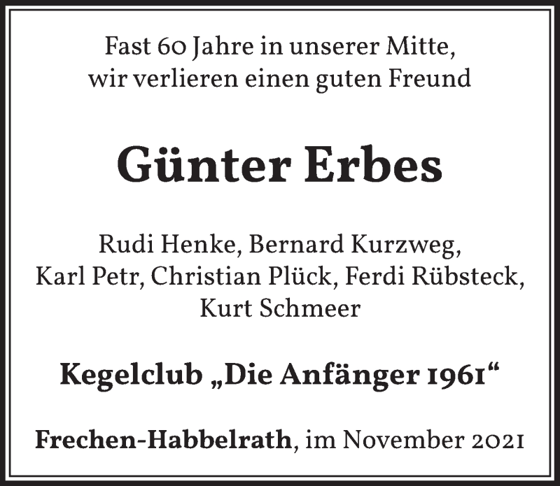  Traueranzeige für Günter Erbes vom 26.11.2021 aus  Wochenende 