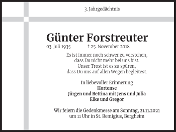 Anzeige von Günter Forstreuter von Kölner Stadt-Anzeiger / Kölnische Rundschau / Express