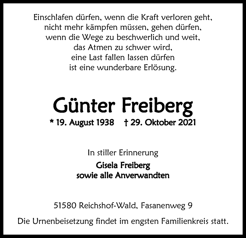  Traueranzeige für Günter Freiberg vom 06.11.2021 aus Kölner Stadt-Anzeiger / Kölnische Rundschau / Express