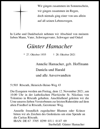 Anzeige von Günter Hamacher von Kölner Stadt-Anzeiger / Kölnische Rundschau / Express