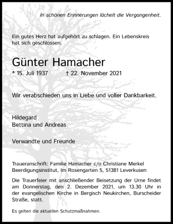 Anzeige von Günter Hamacher von Kölner Stadt-Anzeiger / Kölnische Rundschau / Express