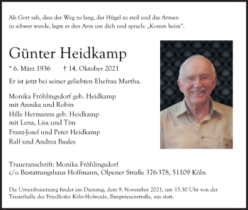 Anzeige von Günter Heidkamp von Kölner Stadt-Anzeiger / Kölnische Rundschau / Express