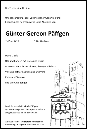 Anzeige von Günter Gereon Päffgen von Kölner Stadt-Anzeiger / Kölnische Rundschau / Express