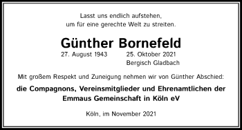 Anzeige von Günther Bornefeld von Kölner Stadt-Anzeiger / Kölnische Rundschau / Express