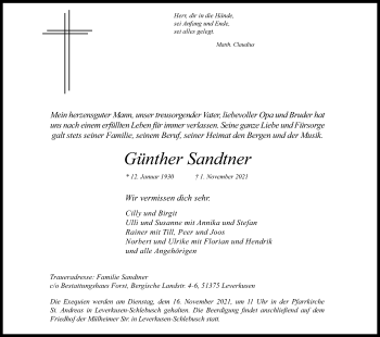 Anzeige von Günther Sandtner von Kölner Stadt-Anzeiger / Kölnische Rundschau / Express
