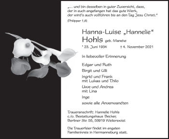 Anzeige von Hanna-Luise Hohls von  Werbepost 