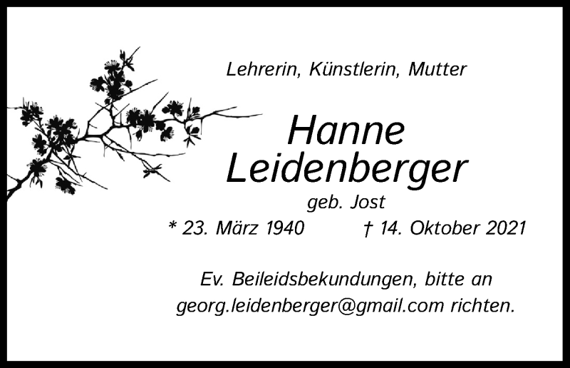  Traueranzeige für Hanne Leidenberger vom 03.11.2021 aus Kölner Stadt-Anzeiger / Kölnische Rundschau / Express