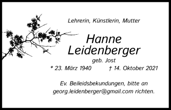 Anzeige von Hanne Leidenberger von Kölner Stadt-Anzeiger / Kölnische Rundschau / Express