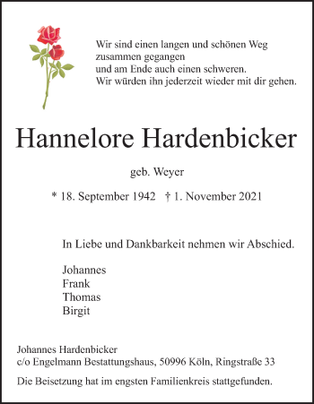 Anzeige von Hannelore Hardenbicker von Kölner Stadt-Anzeiger / Kölnische Rundschau / Express