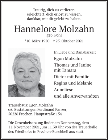 Anzeige von Hannelore Molzahn von  Wochenende 