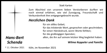 Anzeige von Hans-Bert Schenda von  Kölner Wochenspiegel 