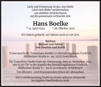 Anzeige von Hans Boelke von Kölner Stadt-Anzeiger / Kölnische Rundschau / Express