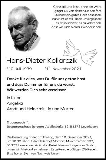 Anzeige von Hans-Dieter Kollarczik von Kölner Stadt-Anzeiger / Kölnische Rundschau / Express