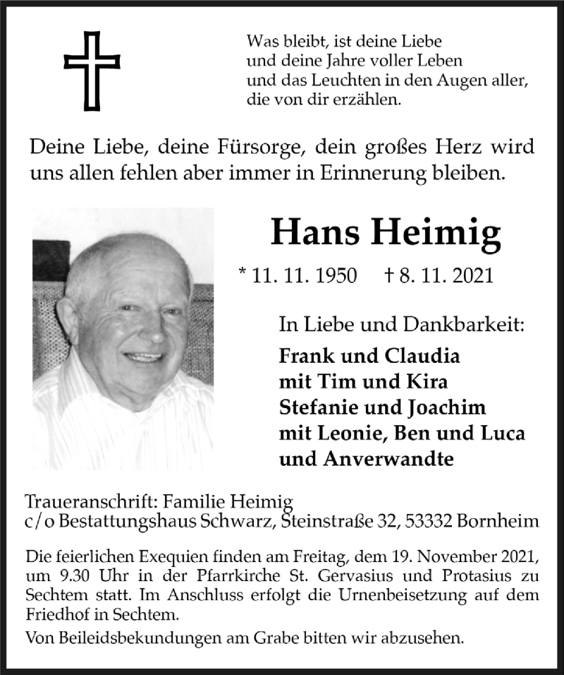  Traueranzeige für Hans Heimig vom 12.11.2021 aus  Schlossbote/Werbekurier 