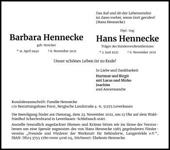 Anzeige von Hans Hennecke von Kölner Stadt-Anzeiger / Kölnische Rundschau / Express