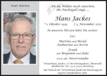 Anzeige von Hans Jackes von Kölner Stadt-Anzeiger / Kölnische Rundschau / Express